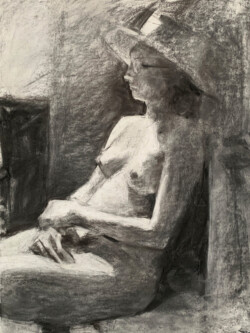 “Woman with Hat”, Charcoal on paper, 20” x 30”, 2019
