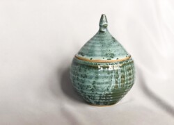 “Ribbed Jar,” Stoneware, Blue Green and Franken Green glazes, electric fired, Height: 6.75in Width: 4.75in Length: 4.75in Weight after firing: 1lbs 10oz, February 2020