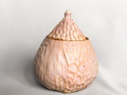 “Oatmeal Honey Pot,” Stoneware, Oatmeal Glaze, Gas Reduction Fired, Height: 5in Width: 4.25in Length: 4.5in Weight after firing: 1lbs 5oz, February 2020